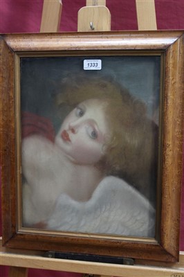 Lot 996 - 18th century pastel on paper - an angel, in glazed burr veneered frame, 39cm x 30cm