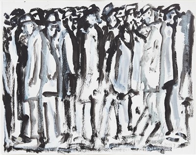 Lot 1337 - *John Thompson (1924-2011) monochrome watercolour and gouache - figures gathered, initialled and numbered 3055, in gilt and ebonised frame, 40cm x 50cm