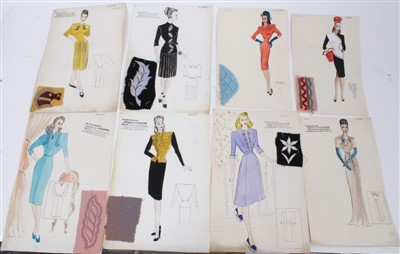 Lot 1344 - Shanti Dutt for Heddon Fashions, a collection of eight mid 20th century ink and watercolour fashion designs, seven of the eight with attached fabric swatch, each signed, unframed, approximately 31c...