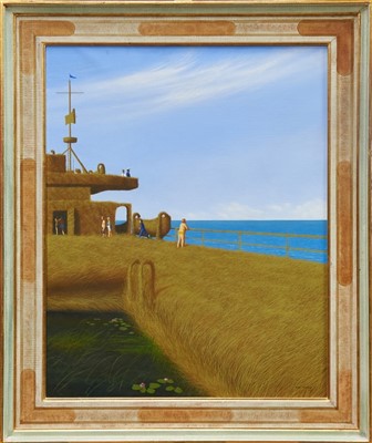 Lot 1347 - Nigel Thomson (Australian, 1945-1999) oil on canvas - On The Ship, signed and dated ‘90, framed, 75cm x 60cm