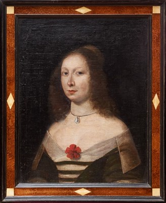 Lot 1350 - 17th/18th century English school oil on canvas - portrait of a noble lady wearing a pearl pendant, in ebonised and burr veneered frame, 60cm x 48cm