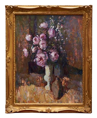 Lot 1351 - Mid 20th century English school oil on canvas - still life of summer flowers, indistinctly signed, in gilt frame, 65cm x 50cm