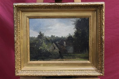 Lot 1353 - 19th century English school oil on canvas laid on panel - cottages among trees, in gilt frame, 26cm x 36cm