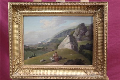 Lot 1085 - 19th century English school oil on panel - a young lady sitting on a hill with the coast beyond, in gilt frame, 24cm x 34cm