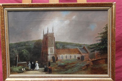 Lot 1356 - 19th century English school oil on canvas - Sunday Church Service, framed, 29cm x 44cm