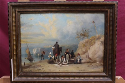 Lot 1357 - Ellen Cooke, 19th century oil on board - fisherfolk on the shore at Whitby, signed verso, in gilt frame, 22cm x 31cm