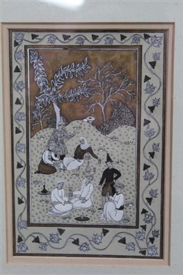 Lot 1362 - Pair of antique Persian School ink and gouache works - figures picnicking, the other a figure in a china store, in glazed gilt frames, 23cm x 15cm