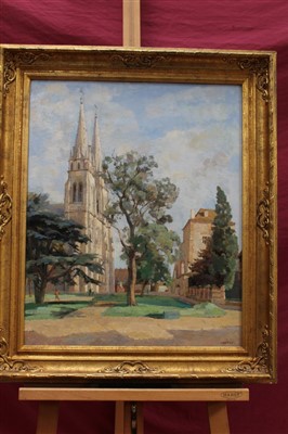 Lot 1365 - Rene Cottet (1863-1925) oil on panel - Cathedral de Moulins, signed, in gilt frame, 61cm x 50cm