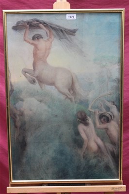 Lot 1373 - Late 19th century pencil and watercolour - a centaur and mythological figures, indistinctly signed, in glazed gilt frame, 68cm x 45cm