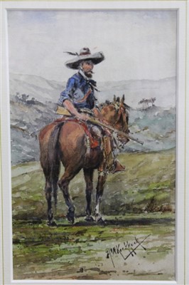 Lot 1374 - Hermannus Willem Koekkoek (1867-1925) watercolour - a bandit on horseback, signed, in glazed gilt frame, 21cm x 13cm