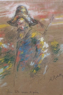 Lot 1375 - A. Rodetz, late 19th century French school ink and pastel - a sportsman with gun, signed and inscribed, in glazed frame, 23cm x 18cm