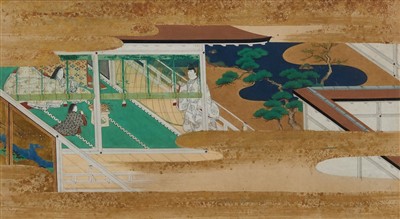 Lot 1376 - 19th century Japanese school watercolour and gold leaf - A Chapter from the Tale of Genji, in glazed frame, 25cm x 46cm