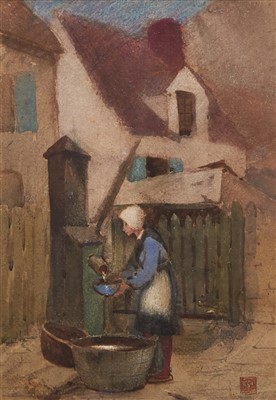 Lot 1377 - *William Lee Hankey (1869-1952) watercolour - Dutch girl at a well, monogrammed, in glazed frame, 36cm x 25cm