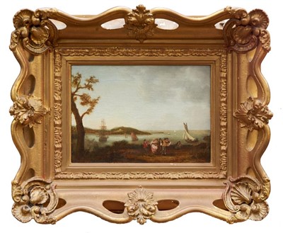 Lot 1378 - Early 19th century English school oil on canvas - dancing figures overlooking a bay with shipping beyond, in ornate gilt frame, 24cm x 34cm