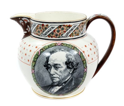 Lot 213 - Victorian Wedgwood Lord Beaconsfield commemorative jug 'Died April 19th 1881', 17cm high