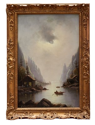 Lot 1379 - Niels Hans Christiansen (1850-1922) pair of oils on canvas - Summer and Winter on the lake, signed, in gilt frames, 60cm x 40cm