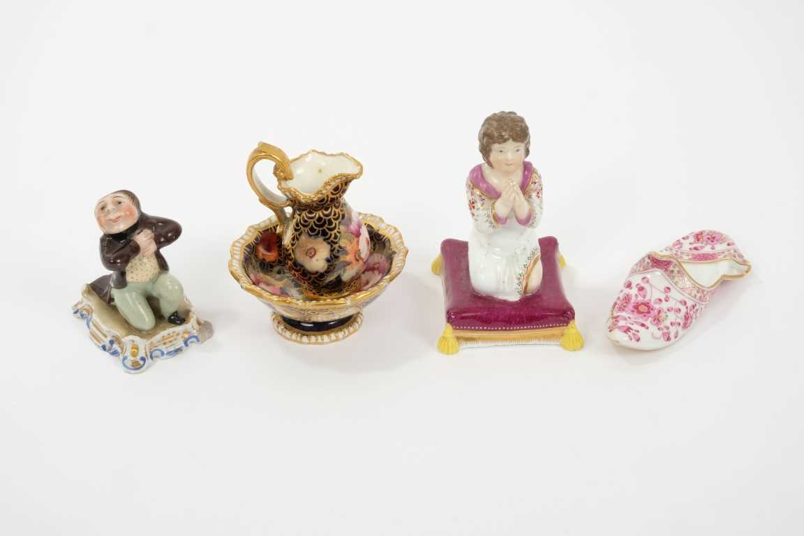 Lot 234 - Early 19th cent Barr & Barr porcelain figure, Minton figure, miniature jug / basin, Meissen slipper