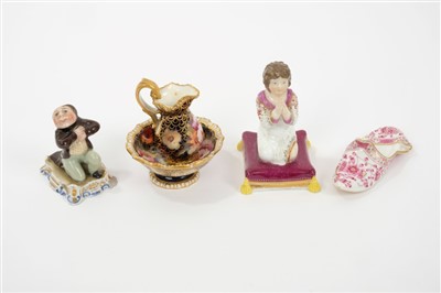 Lot 234 - Early 19th cent Barr & Barr porcelain figure, Minton figure, miniature jug / basin, Meissen slipper