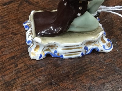 Lot 234 - Early 19th cent Barr & Barr porcelain figure, Minton figure, miniature jug / basin, Meissen slipper