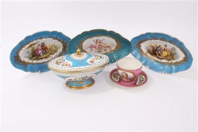 Lot 255 - Late 19th century French Sèvres-style porcelain cup and saucer, tureen and cover, three oval dishes
