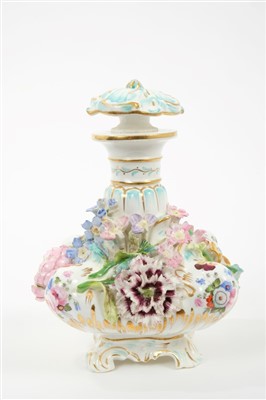 Lot 277 - Victorian Coalbrookdale floral encrusted scent flask and stopper with painted floral sprays, 16cm