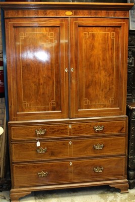 Lot 1591 - George III mahogany and boxwood line inlaid linen press