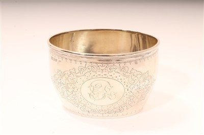 Lot 415 - Late Edwardian silver sugar bowl of oval form, with engraved foliate decoration and monogram