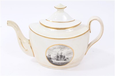 Lot 315 - Early 19th century English new oval-shape teapot and cover, printed British battleship decoration