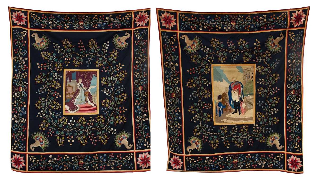 Lot 144 - Pair impressive and colourful Victorian embroidered wall hangings depicting portraits - Queen Victoria and Prince Albert after Winterhalter
