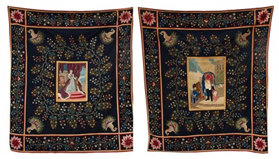 Lot 144 - Pair impressive and colourful Victorian embroidered wall hangings depicting portraits - Queen Victoria and Prince Albert after Winterhalter