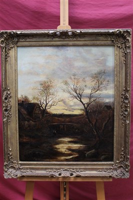 Lot 1388 - 19th century Norwich school oil on canvas - figure before a footbridge in rural landscape at dusk, in gilt frame, 59cm x 49cm