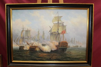 Lot 1387 - James Hardy, 20th century oil on board - a naval battle, signed, framed, 50cm x 70cm