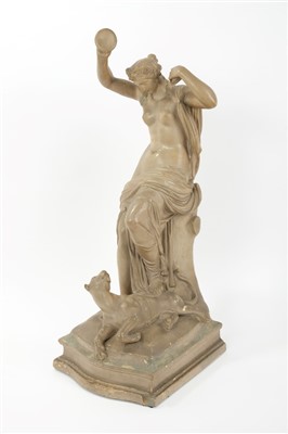 Lot 865 - John Gibson R.A. (1790 - 1866), painted plaster sculpture of a semi-clad bacchante diverting the attention of a tiger at her feet with her cymbals, signed at rear - J. Gibson 1812