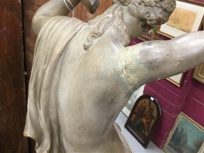 Lot 865 - John Gibson R.A. (1790 - 1866), painted plaster sculpture of a semi-clad bacchante diverting the attention of a tiger at her feet with her cymbals, signed at rear - J. Gibson 1812