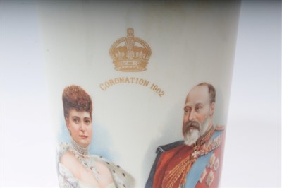 Lot 43 - King George V Coronation 1911 commemorative enamel beaker, 9.5cm high and Royal Doulton - King Edward VII Coronation 1902 commemorative tall beaker, 15.2cm high (2)