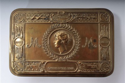Lot 51 - HMS King George V brass officers' mess menu holder, First World War Princess Mary gift tin