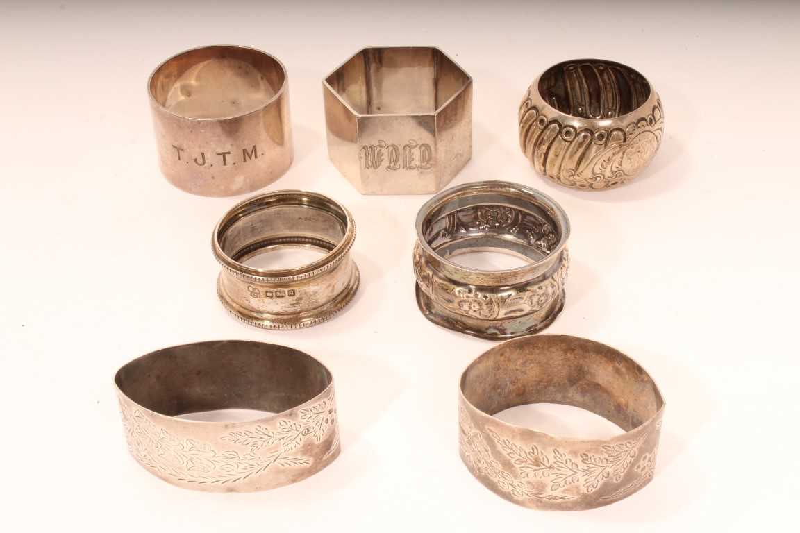 Lot 453 - Collection of seven silver napkin rings (various dates and makers). All at approximately 7ozs