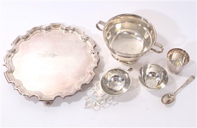 Lot 207 - Contemporary silver salver, two-handled bowl, tea strainer and stand and a Victorian silver teaspoon