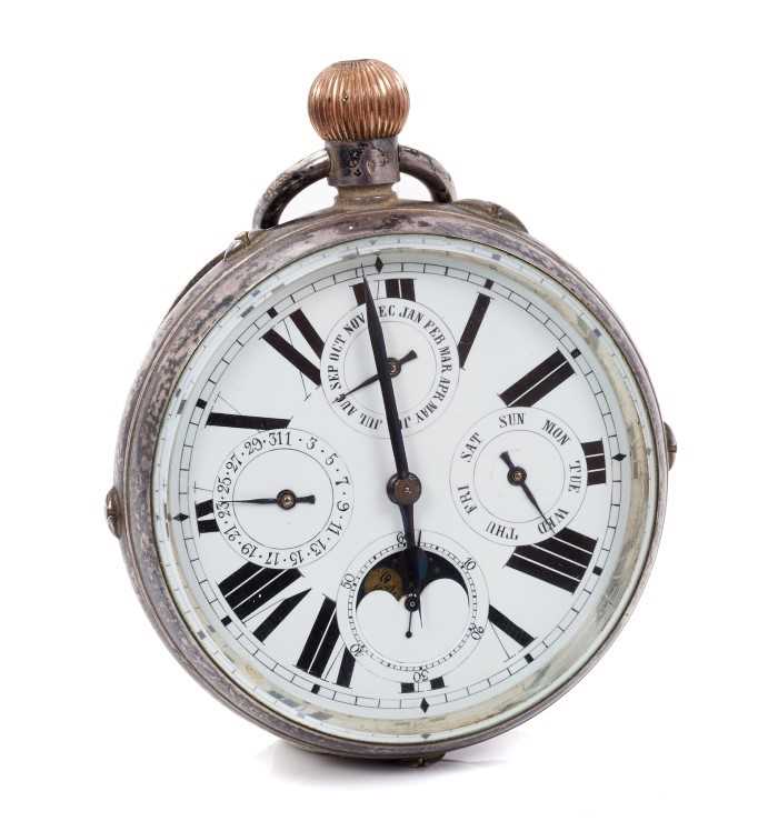 Lot 578 - Late 19th century Swiss Goliath silver cased calendar pocket watch