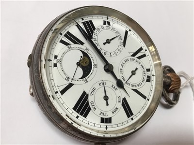 Lot 578 - Late 19th century Swiss Goliath silver cased calendar pocket watch