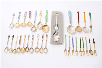 Lot 269 - Good selection of Scandinavian enamelled silver spoons and pickle forks
