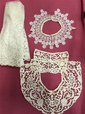 Lot 3059 - Antique lace including Limerick lace flounce and wrap, tape lace collar and matching cuffs, plus some lace lengths and trims.