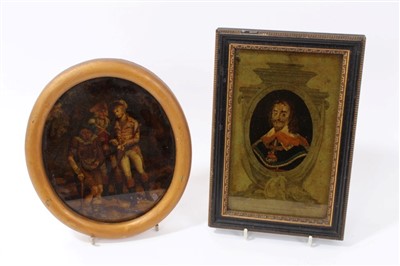 Lot 729 - 19th century hand-coloured reverse print on glass depicting Charles I and an oval reverse print