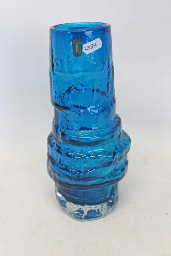 Lot 2014 - Whitefriars textured hooped vase in Kingfisher blue no. 9680 with original labels designed by Geoffrey Baxter 28.5cm high