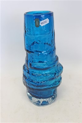 Lot 2014 - Whitefriars textured hooped vase in Kingfisher blue no. 9680 with original labels designed by Geoffrey Baxter 28.5cm high