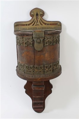 Lot 780 - Victorian mahogany and brass bound offertory box, gallery back bearing legend