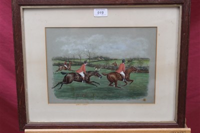 Lot 919 - Pair of Victorian English school watercolours - a hunting scene and a racing scene, in glazed oak frames, 23cm x 31cm