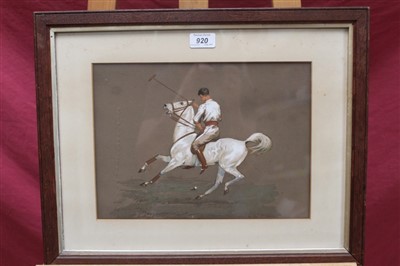 Lot 920 - Pair of Victorian English school watercolours and gouache - Polo Players on horseback, in glazed oak frames, 24cm x 33cm