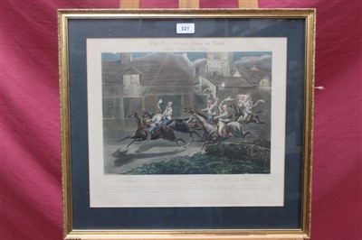 Lot 921 - Set of four early Victorian hand coloured engravings after Henry Alken - The First Steeple-Chase on Record, published by Brooks 1839, in glazed gilt frames, 37cm x 43cm