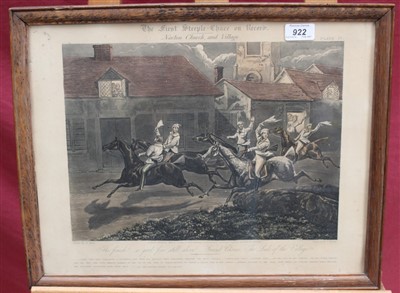 Lot 922 - Set of four early Victorian hand coloured engravings after Henry Alken - The First Steeple-Chase on Record, published by Brooks 1839, in glazed oak frames, 34cm x 45cm